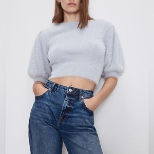 Zara Faux Fur Puff Sleeve Crop Sweater